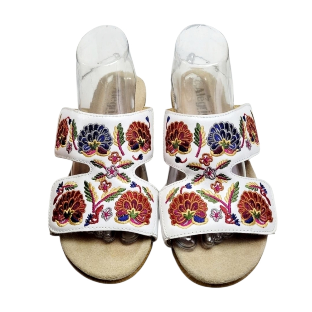 Alegria Linn White Leather Floral Embroidered Adjustable Sandals Sz 40 US 9.5-10